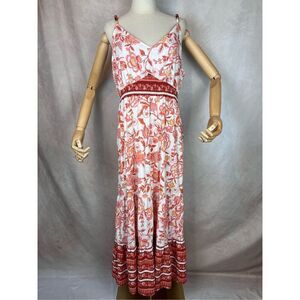 Rachel Zoe Pink Coral Floral Tiered Maxi Dress Linen Blend Size XL